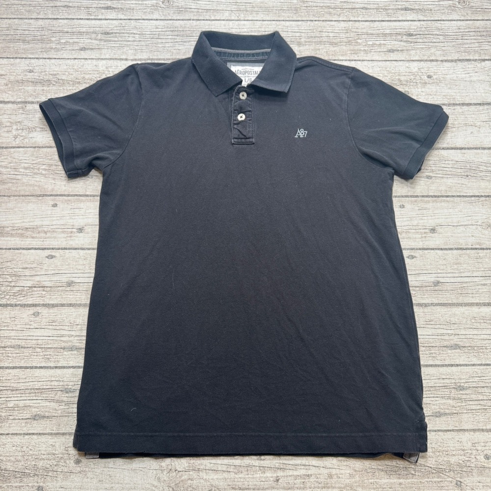 Y2K Aeropostale Polo Shirt Men's Large Black Short Sleeve Cotton Pique Athletic